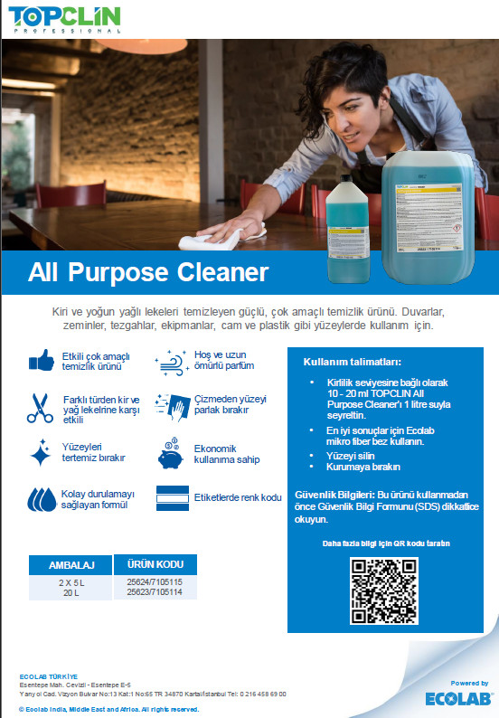 ECOLAB TOPCLIN ALL PURPOSE CLEANER 20LT (KLOR İÇERMEYEN ÇOK AMAÇLI YÜZEY TEMİZLEYİCİ)