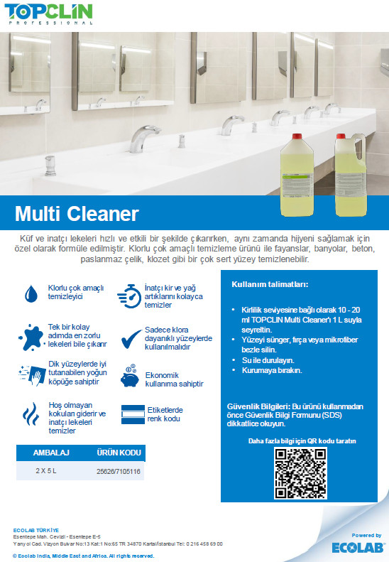 ECOLAB TOPCLIN MULTI CLEANER (ANTİBAKTERİYAL YÜZEY TEMİZLEYİCİ) 5 LT