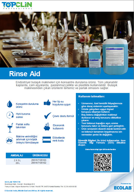 ECOLAB-TOPCLIN RINSE AID - 20 L (KONSANTRE DURULAMA ÜRÜNÜ BULAŞIK PARLATICISI)