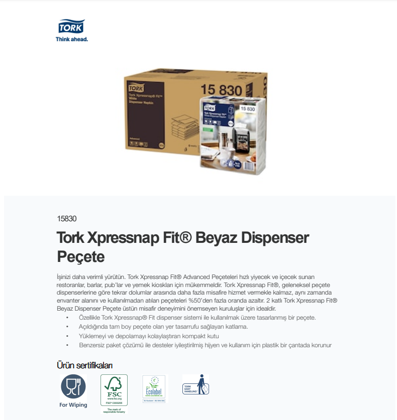 TORK XPRESSNAP FİT BEYAZ DİSPENSER PEÇETE 120AD*36PK