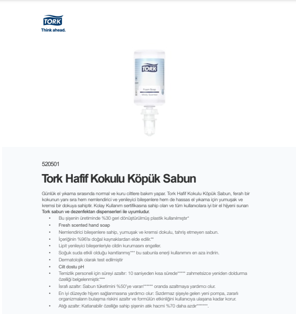 TORK HAFİF KOKULU KÖPÜK SABUN 1LT *6AD